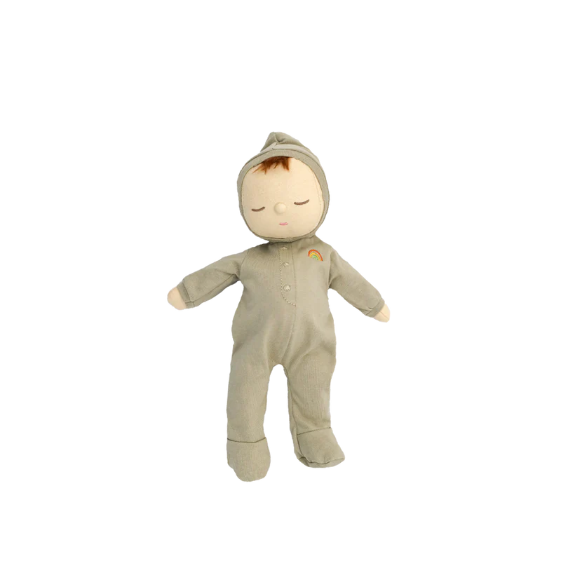 Olli Ella Dozy Dinkum - Pickle: a soft cotton doll in a light green hooded onesie with a rainbow patch, eyes closed, on a white background—perfect as a baby’s first toy.