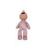 Olli Ella Dozy Dinkum - Tootsie Briar cloth doll, featuring brown hair and closed eyes, dressed in a pink floral-patterned onesie with a matching pointed hat, shown against a plain white background.