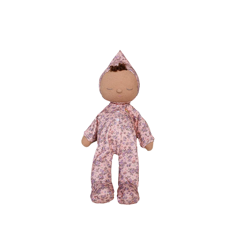 Olli Ella Dozy Dinkum - Tootsie Briar cloth doll, featuring brown hair and closed eyes, dressed in a pink floral-patterned onesie with a matching pointed hat, shown against a plain white background.