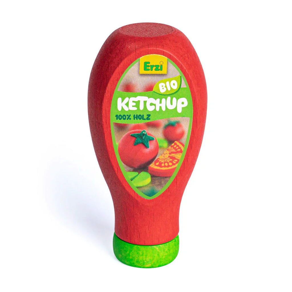 The Erzi Ketchup Pretend Food is a realistic wooden toy bottle with a green cap, "Erzi Bio Ketchup 100% Holz" label, tomato images, and a ketchup-topped treat—perfect for safe, imaginative play.
