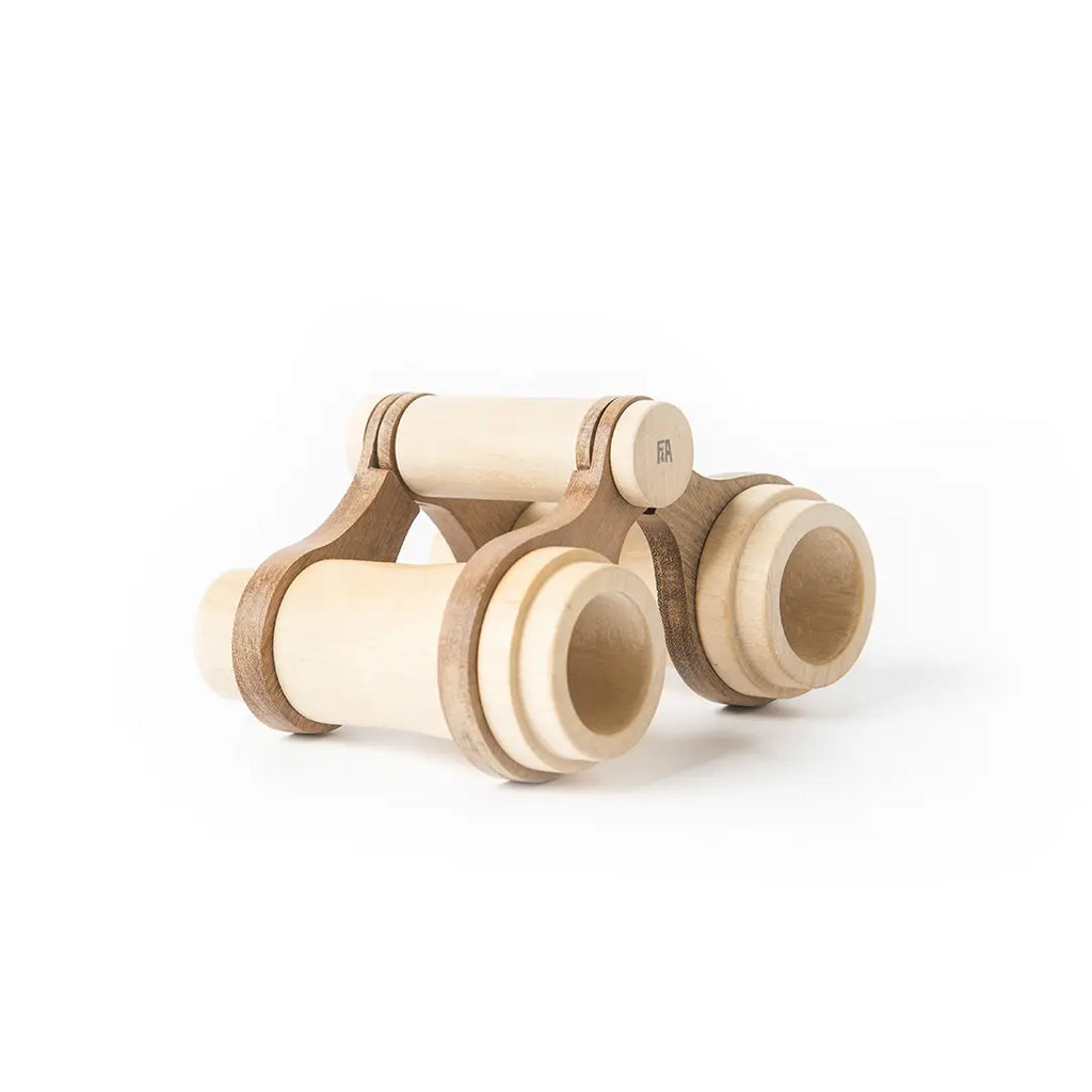 A solid beech wood Wooden Binoculars For Pretend Play with a minimalist design, featuring two sets of cylindrical wheels and a smooth, rounded body, isolated on a white background.
