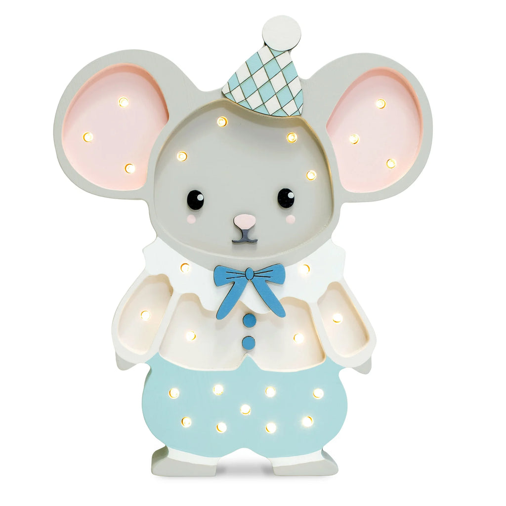 The Handmade Wooden Lamp - Felix The Mouse is a charming mouse-shaped night light with big pink ears, a blue bow tie and pants, a checkered party hat, and soft LED lights—ideal nursery decor.
