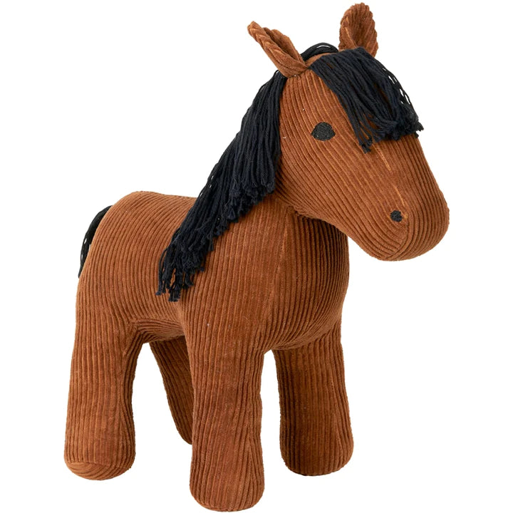 A Fabelab Friends Stuffed Animal - Horse Hector in a standing position, made from ribbed brown fabric with black button eyes and a black yarn mane and tail.