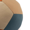 A close-up of the Fabric Ball - Cobblestone, an organic cotton baby toy with stitched panels in beige, brown, and dark teal—a perfect developmental toy against a white background.
