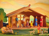 A colorful wooden nativity scene by the Ostheimer Daughter features various handcrafted wooden toys of people and animals inside and around a stable. A small bird sits on the roof, surrounded by trees, grass, rocks, and a vibrant painted backdrop in warm hues—perfect for imaginative play.