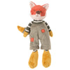 Introducing Bukowski - Foxy: an adorable plush fox toy dressed in gray overalls with orange patches, a striped shirt, and featuring orange hands and feet. Foxy has a charming orange face and a bushy orange tail tipped with yellow, making it the perfect soft toy for infants. This safe and cuddly stuffed animal is ideal for both snuggling and imaginative play.