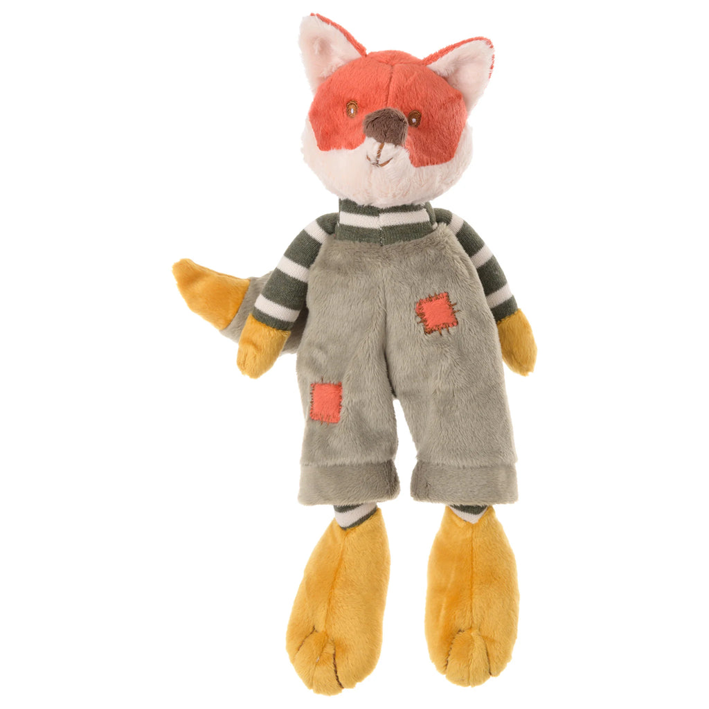 Introducing Bukowski - Foxy: an adorable plush fox toy dressed in gray overalls with orange patches, a striped shirt, and featuring orange hands and feet. Foxy has a charming orange face and a bushy orange tail tipped with yellow, making it the perfect soft toy for infants. This safe and cuddly stuffed animal is ideal for both snuggling and imaginative play.