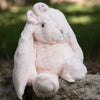 A soft, light pink plush rabbit—Bukowski’s Friendly Kanina in Misty Rose—with long floppy ears sits on a stone surface outdoors, offering its signature charm against a blurred green background.