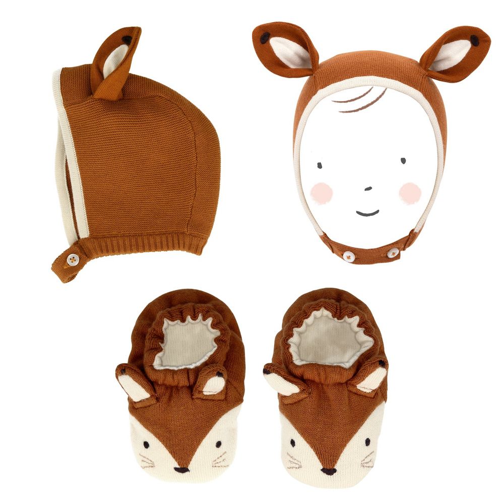 Four items of baby clothing with a woodland theme displayed on a white background: a Meri Meri Fox Bonnet, a hat with deer ears and face, and a pair of Meri Meri Fox Booties designed to look like a.