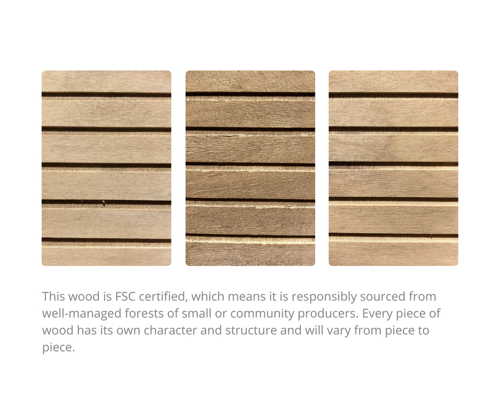 Three vertical wooden panels with horizontal grooves are shown. Each panel has a unique texture and grain pattern. Below the panels, text indicates the wood is FSC certified, responsibly sourced, perfect for a Maileg | Miniature Garden Table Set, and highlights that individual wood pieces vary in character and structure.