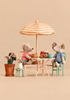 Two Maileg mice sit at a small bistro table under a striped umbrella from the Maileg Garden Tea Set, with miniature cups, a jar of jam, and a plate of waffles between them.