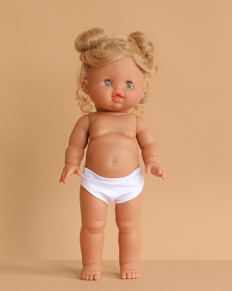 The Minikane Standing Doll (14") - Louisa features blonde hair, blue eyes, and styled hair. Louisa stands upright against a beige background wearing only white underwear; clothing is sold separately.