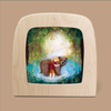 The "Silhouette Only - Enchanted Forest for Toverlux Lamp" features an enchanting felt artwork of a bear and a girl embracing, all artfully encased within a wooden frame with a rounded top, set against a plain beige background.