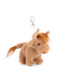 Introducing the Bukowski - Henderson Highland Cow Bag Charm: a small brown plush cow keychain with soft fur, a long tail, and a sturdy metal clasp attached to a white string on its back. This charming bag accessory is perfect for adding playful personality to any purse or backpack.