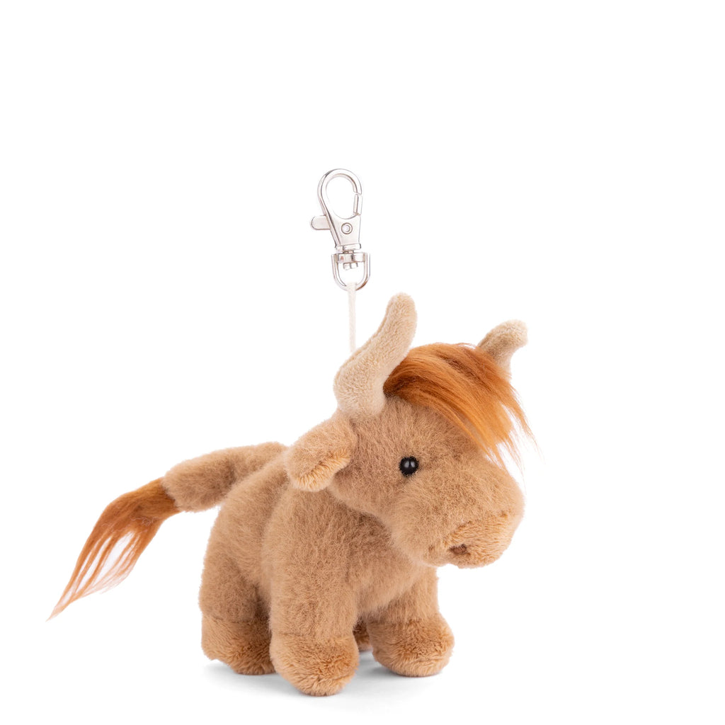 Introducing the Bukowski - Henderson Highland Cow Bag Charm: a small brown plush cow keychain with soft fur, a long tail, and a sturdy metal clasp attached to a white string on its back. This charming bag accessory is perfect for adding playful personality to any purse or backpack.