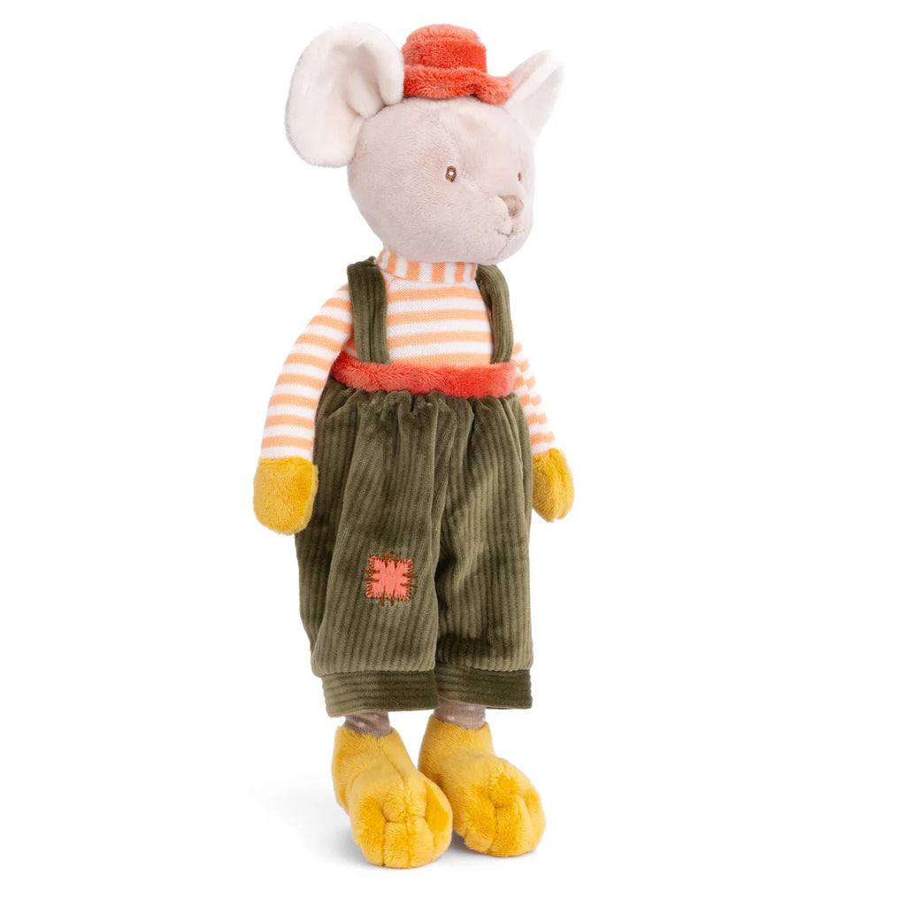 Bukowski - Henry Mouse is a baby-safe plush toy featuring a red hat, orange-striped shirt, green corduroy overalls, and yellow slippers. This adorable stuffed animal stands upright against a white background—your baby's first best friend.