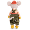 Bukowski - Henry Mouse plush toy, viewed from the back, wears an orange hat, striped shirt, green overalls, and yellow shoes. This baby-safe stuffed animal with large ears and a tail is perfect as a first best friend.
