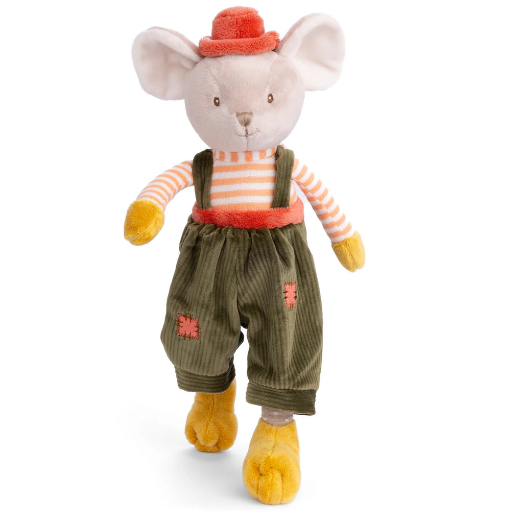 Bukowski - Henry Mouse is a baby-safe stuffed animal dressed in a red hat, orange and white striped shirt, green pants with orange patches, and yellow shoes—perfect as your child's first best friend plush.