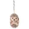 Introducing the Bukowski - Hubert Hedgehog Bag Charm: a charming plush keychain featuring soft brown and beige fur, sweet black eyes, and a tiny brown nose. It hangs from a string with a silver clip, making it the perfect cute accessory for your backpack or an adorable plush toy to take with you anywhere.
