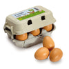 The Erzi Half A Dozen Wooden Eggs set features a cardboard egg carton containing six realistic-looking wooden play eggs, with three eggs displayed outside the carton on a white background—an ideal addition to any pretend kitchen toy collection.