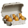 A gray cardboard egg carton labeled “Erzi Half A Dozen Wooden Eggs” holds six wooden play eggs with the lid open, displayed on a white background—an ideal addition to any pretend kitchen toy collection.