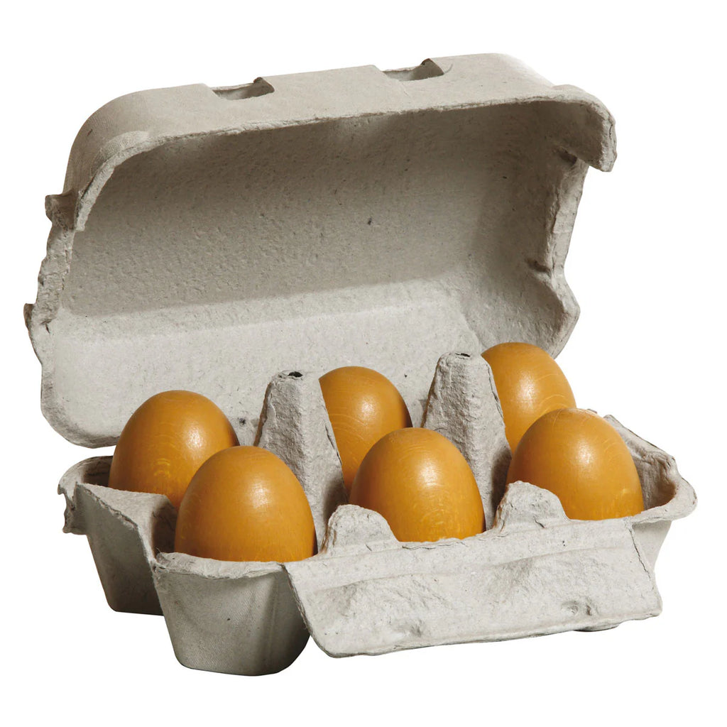 A gray cardboard egg carton labeled “Erzi Half A Dozen Wooden Eggs” holds six wooden play eggs with the lid open, displayed on a white background—an ideal addition to any pretend kitchen toy collection.