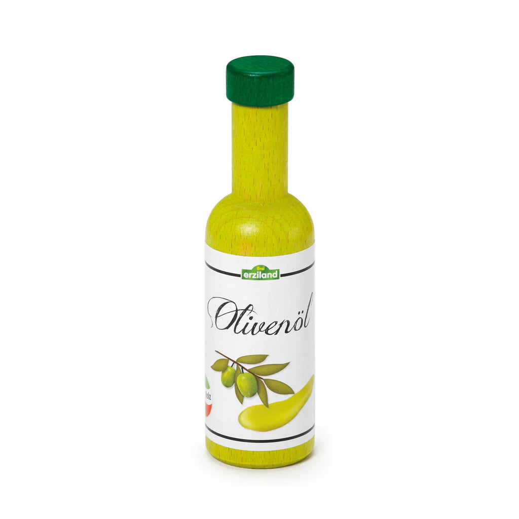 The Erzi Olive Oil Pretend Food is a wooden green play bottle with a matching cap, labeled "Olivenöl" and decorated with olive images—an ideal accessory for any pretend kitchen toy set.