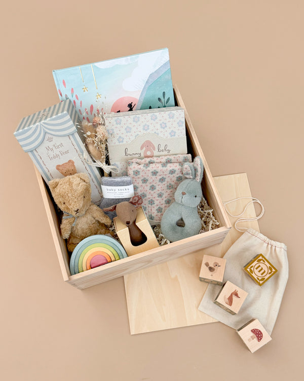 The Newborn Gift Set - Blue features a teddy bear, blue bunny plush, wooden rainbow, toy camera, watercolor ABC blocks, Let's Go Explore book, and floral baby accessories—all beautifully arranged on a light brown background.