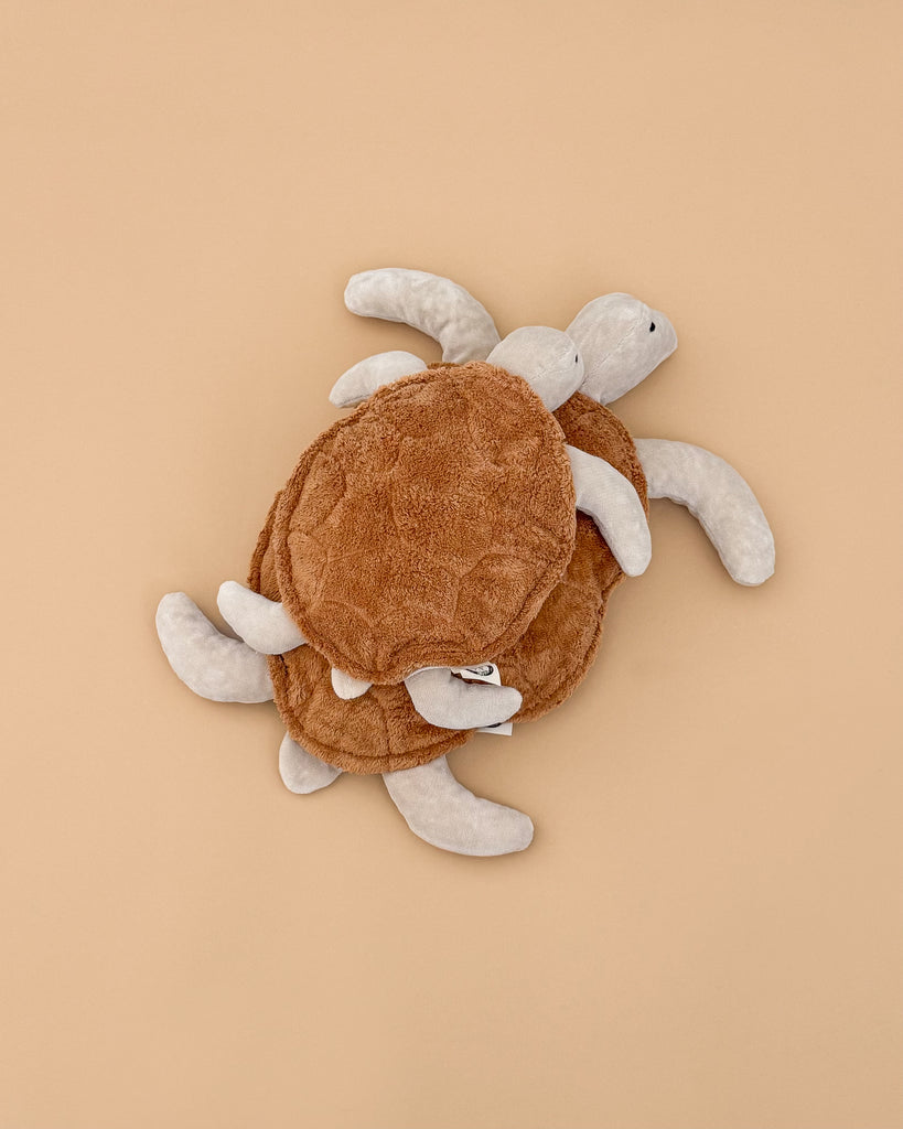 Two Senger Naturwelt Cuddly Animal - Turtle toys, one large and one small with brown shells and light beige limbs and heads, are stacked on each other against a plain beige background.