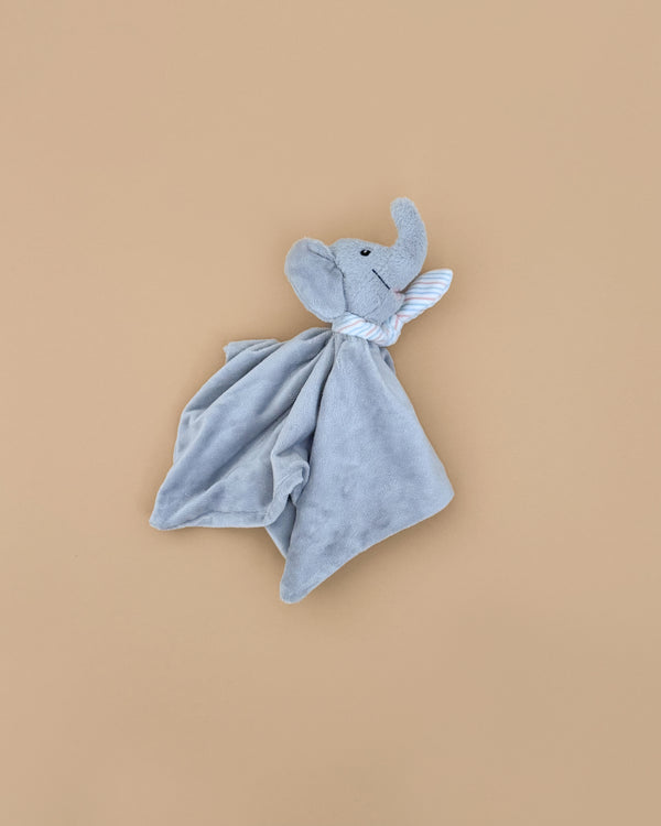The “My First Steiff” Ellie Elephant Security Blanket Baby Toy, 10 Inches, features a gray plush elephant with floppy ears and a striped collar on a beige background—perfect as a baby plush and a thoughtful first Steiff gift.
