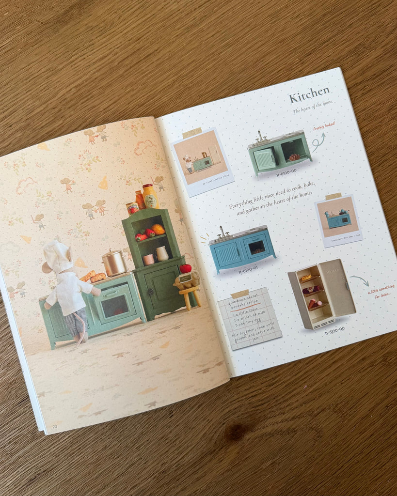 A page from Odin Parker’s Maileg Catalog showing miniature kitchen furniture including a sink, stove, and refrigerator, with a Maileg mouse standing in a room setup.