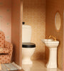 The Maileg Fully Furnished SuitCasa Set includes a miniature bathroom with a white toilet with black seat, pedestal sink with gold faucet, round mirror, patterned wallpaper, plus a polka-dotted chair and rug.