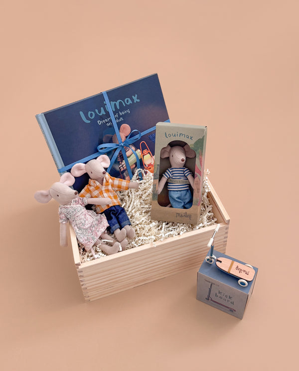 The Maileg Gift Box: Family Moments with Louimax includes two small mouse dolls, a ribbon-tied blue book, a boxed LouiMax Mouse, and a blue radio, all beautifully arranged on a beige background.