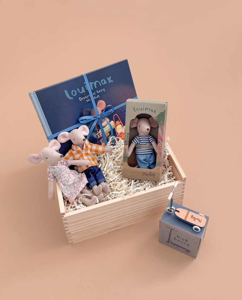 The Maileg Gift Box: Family Moments with Louimax includes two small mouse dolls, a ribbon-tied blue book, a boxed LouiMax Mouse, and a blue radio, all beautifully arranged on a beige background.