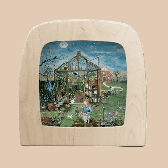 Silhouette Only - Moonlit Garden for Toverlux Lamp features a translucent artwork of a woman gardening by a glass greenhouse under a moonlit sky with flowers, chickens, and a barn—ideal for unique home decor.