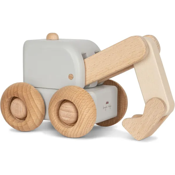 The Wooden Digger is crafted from responsibly sourced beech wood in light gray and natural hues. It features four rounded wheels, a movable arm with a bucket, and boasts a simple, modern design with smooth edges and non-toxic paint.