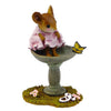The Wee Forest Folk Tiny Collectible - Garden Spa features a hand-sculpted mouse in a pink dress by a birdbath, gazing at a yellow butterfly, with tiny pink shoes on the grass for added charm.