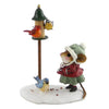The Wee Forest Folk Tiny Collectible - Feathered Friends features a hand-sculpted mouse in a green coat and bonnet standing on snow by a bird feeder with three colorful birds, plus one more bird beside this charming miniature scene.