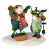 The Wee Forest Folk Tiny Collectible - Merry & Bright (Not a Toy) features two festive mice in winter clothes on snow. One wraps Christmas lights around the other, who has lights on its head, with a small box nearby—a joyful hand sculpted scene.
