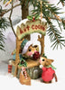 The Wee Forest Folk Tiny Collectible - Hot Cocoa Comin' Up! (Not a Toy) features two hand-sculpted mice in winter clothes at a "hot cocoa" stand under a snowy branch, with mugs, gifts, and charming snowy details.