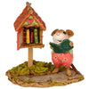 The Wee Forest Folk Tiny Collectible - Little Library in Pink features a hand-painted mouse by a wooden library box filled with books, all on a grass and moss base.