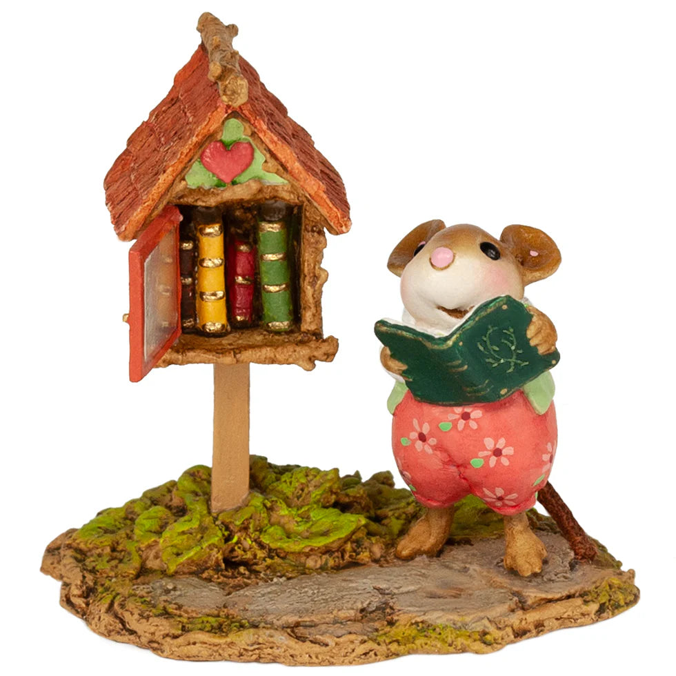 The Wee Forest Folk Tiny Collectible - Little Library in Pink features a hand-painted mouse by a wooden library box filled with books, all on a grass and moss base.