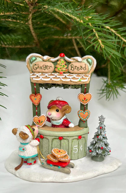 Wee Forest Folk Tiny Collectible - A Gingerbread Christmas: This hand-sculpted miniature features two mice at a festive gingerbread stand with heart-shaped cookies, a small Christmas tree, greenery, and a sign reading "Ginger Bread" with cookies for 5 cents.