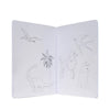 An open My Coloring Book displaying line drawings of various animals including a dinosaur, a bird, a dog, a cat, and a palm tree. The background is white.