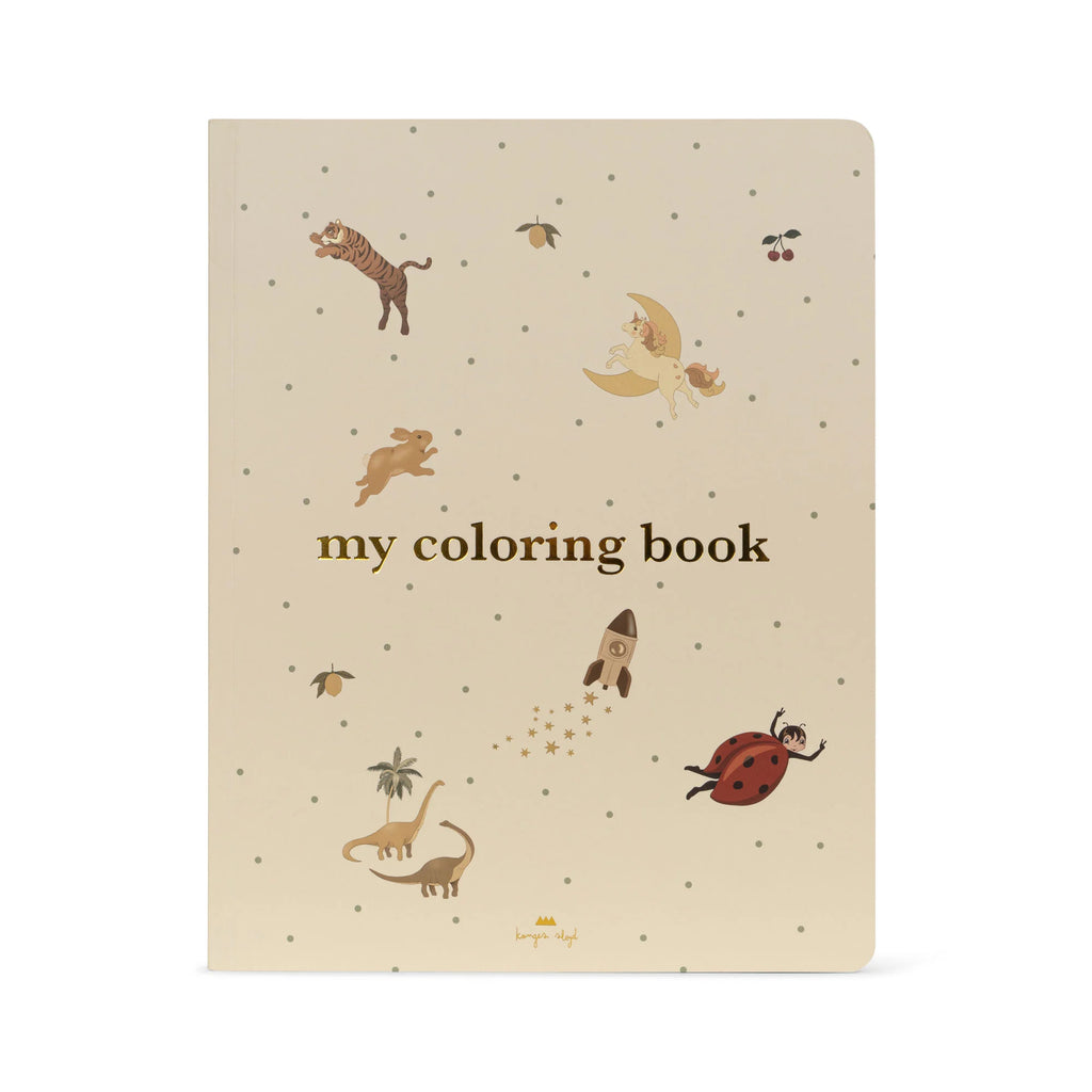 A children's coloring book cover in beige, featuring cartoon images of a dinosaur, birds, a ladybug, and scattered stars, with the title "My Coloring Book" at the top.