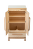 The Milton & Goose Essential Play Refrigerator, made in the USA, features a light wood finish, two open doors, bottom drawer, two interior shelves for play food, side handles, and a branded label on the top right corner—perfect for play kitchens.
