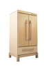 The Milton & Goose Essential Play Refrigerator, made in the USA, features light wood construction with two doors, large vertical handles, and a bottom drawer—ideal for storing play food and inspiring imaginative play.