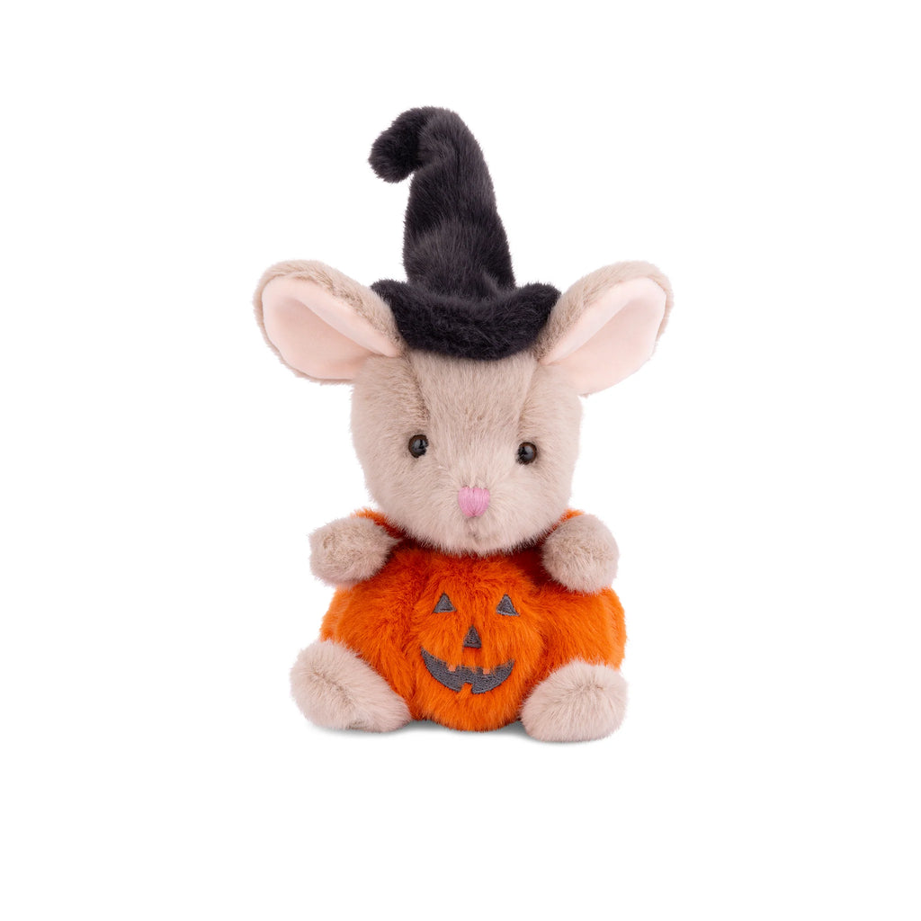 Bukowski - Mousy Pumpkin is a plush mouse dressed in a black witch hat and an orange pumpkin costume with a jack-o’-lantern face, sitting on a white background to make a charming addition to any fall display.