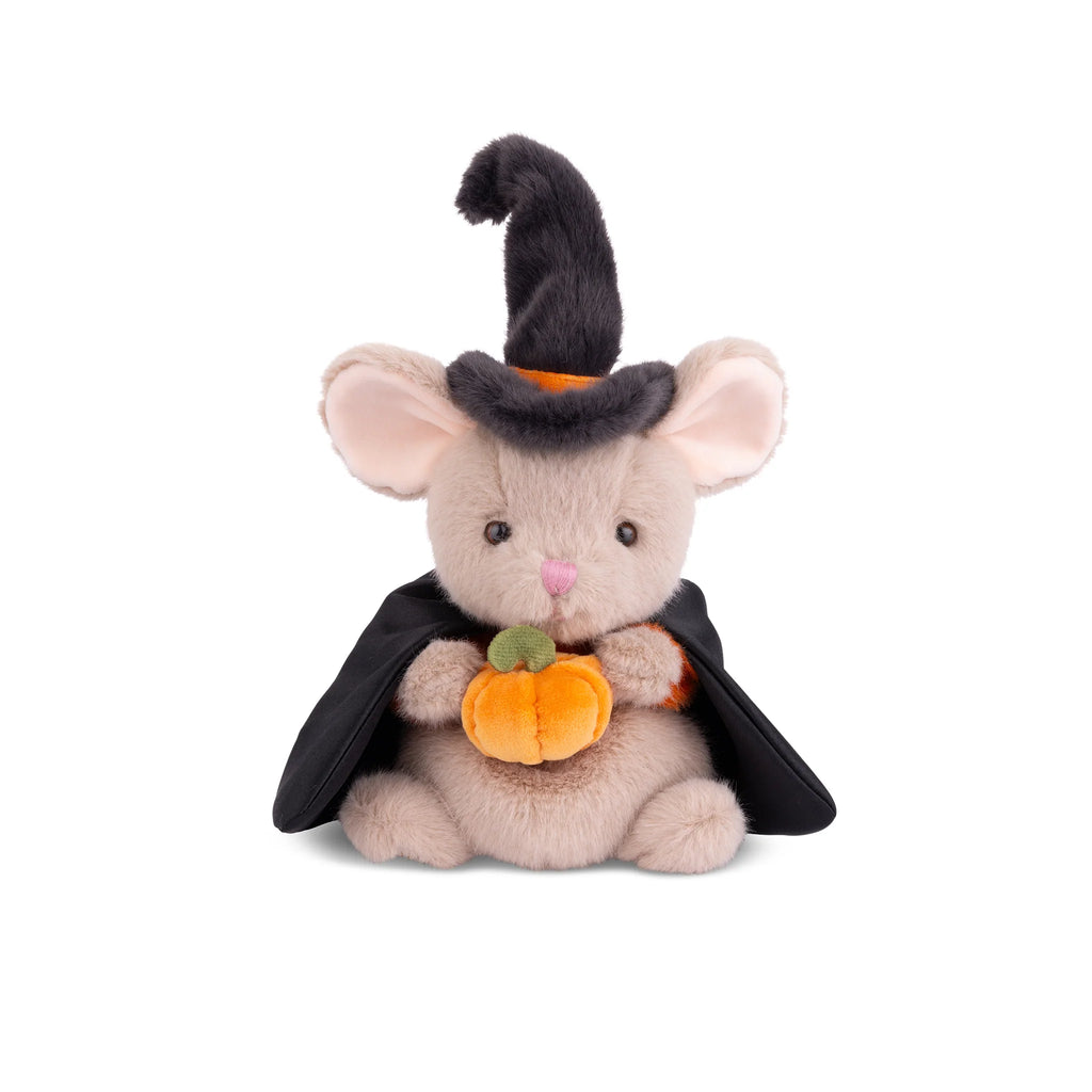 Bukowski - Mousy Witch is a Halloween plush mouse toy dressed in a black witch hat and cape, holding a small orange pumpkin.