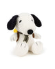 Plush Peanuts Snoopy with Woodstock in Backpack: Stuffed Snoopy dog plush toy sits upright, wears a green scarf and brown backpack holding a yellow sleeping bag, with Woodstock inside, against a white background.